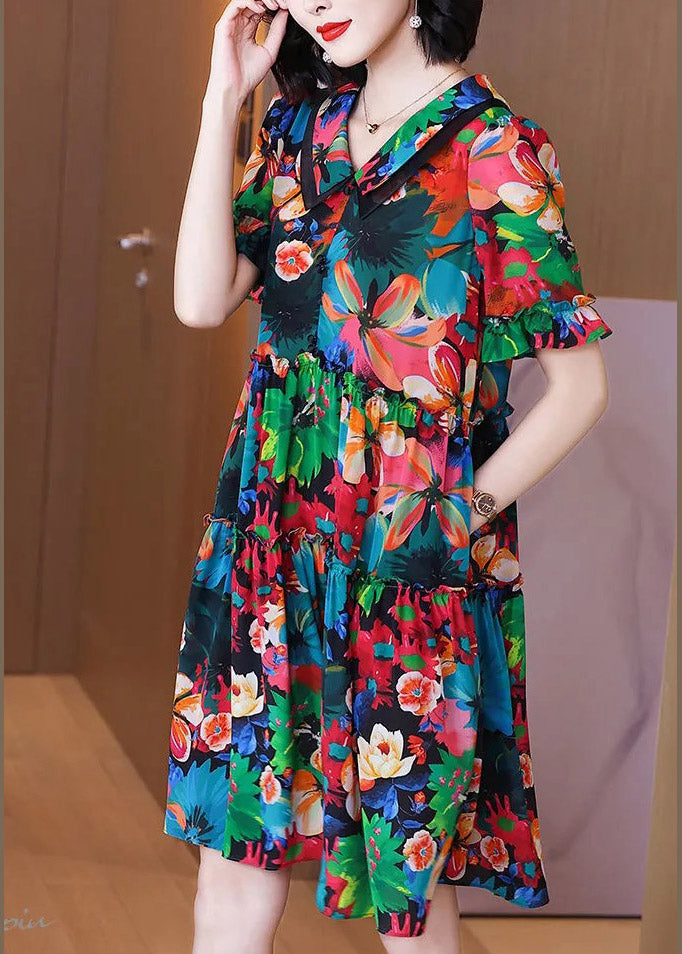 Peter Pan Collar Print Pockets Wrinkled Silk Mid Dresses Short Sleeve