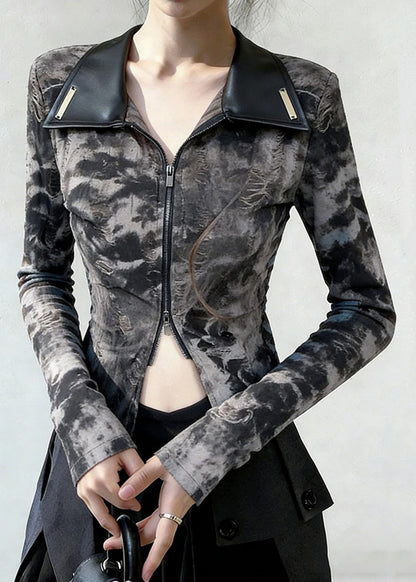 Chic Peter Pan Collar Tie Dye Zippered Faux Leather Patchwork T Shirts Spring