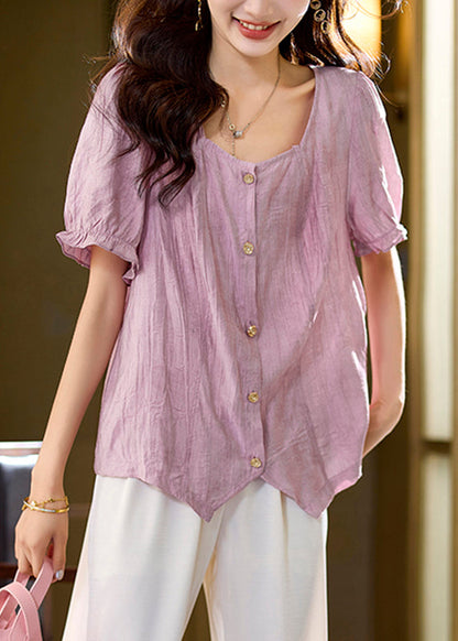 Pink Asymmetrical Button Chiffon Shirt Short Sleeve
