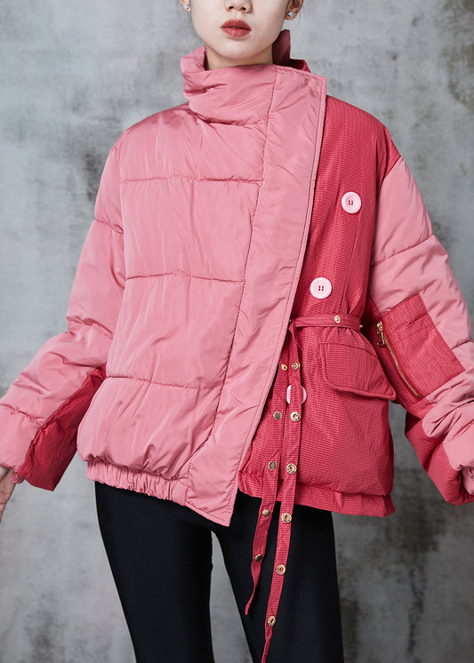 Pink Asymmetrical Patchwork Lace Up Fine Cotton Filled Parka Jacket Winter