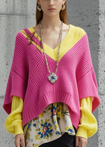 Pink Asymmetrical Patchwork Print Short Sweater Fall