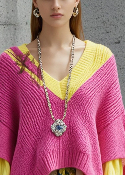 Pink Asymmetrical Patchwork Print Short Sweater Fall