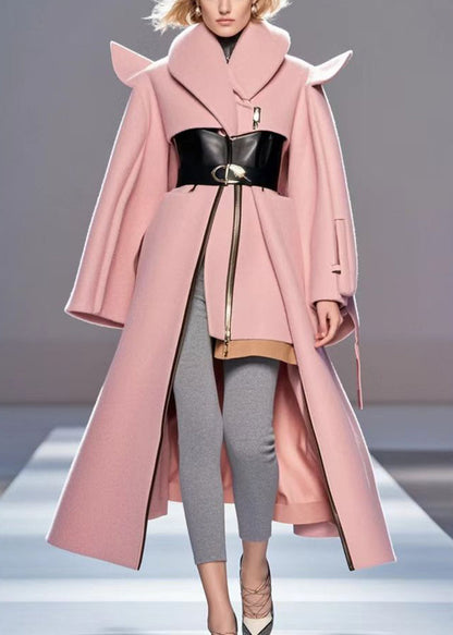 Pink Asymmetrical Patchwork Woolen Coat Outwear Fall