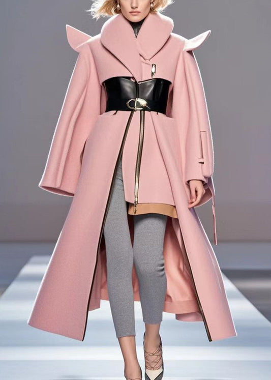 Pink Asymmetrical Patchwork Woolen Coat Outwear Fall