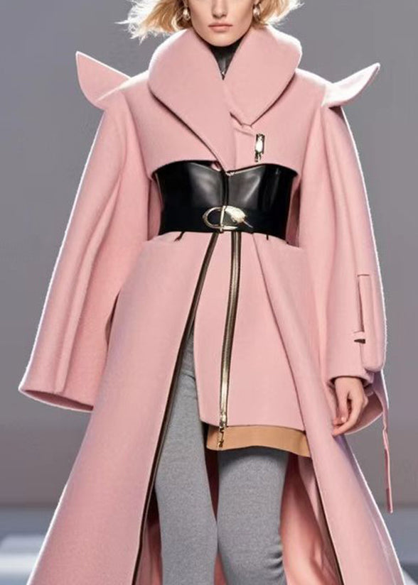Pink Asymmetrical Patchwork Woolen Coat Outwear Fall