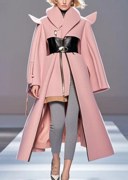 Pink Asymmetrical Patchwork Woolen Coat Outwear Fall