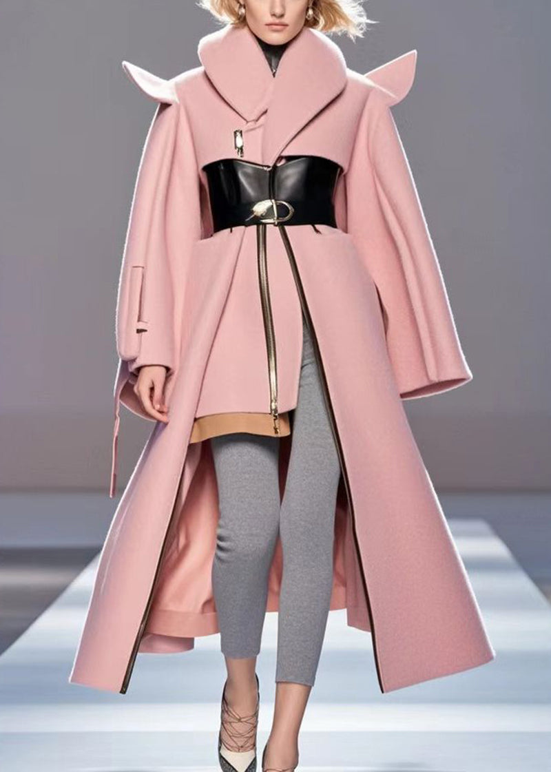 Pink Asymmetrical Patchwork Woolen Coat Outwear Fall