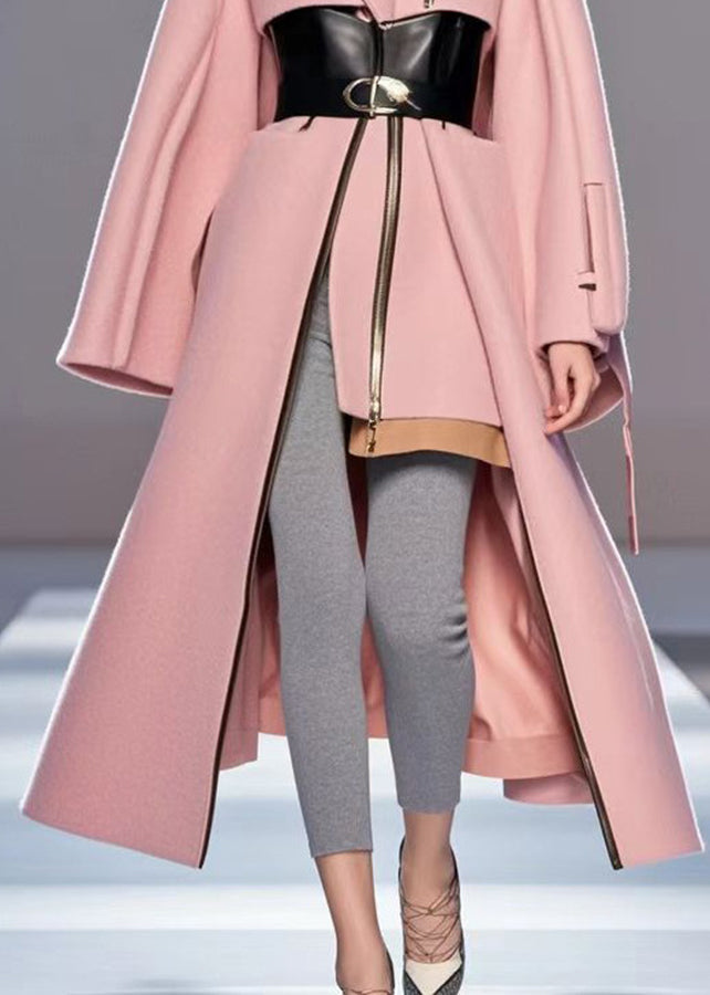 Pink Asymmetrical Patchwork Woolen Coat Outwear Fall