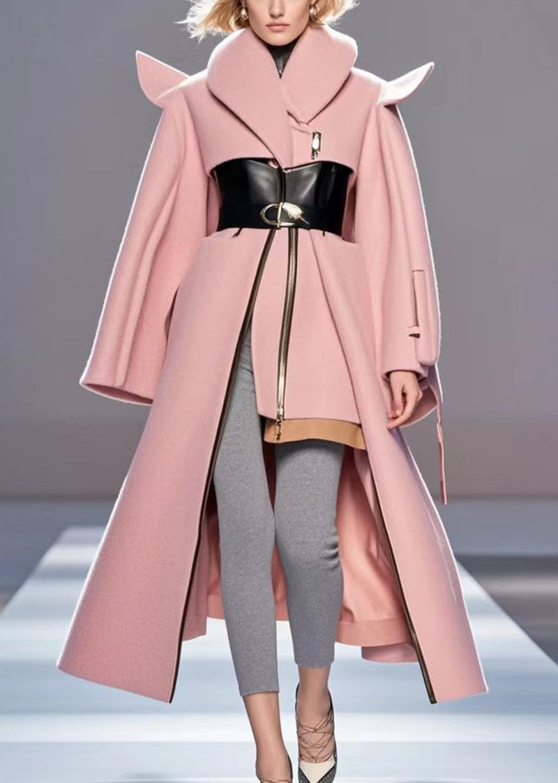Pink Asymmetrical Patchwork Woolen Coat Outwear Fall