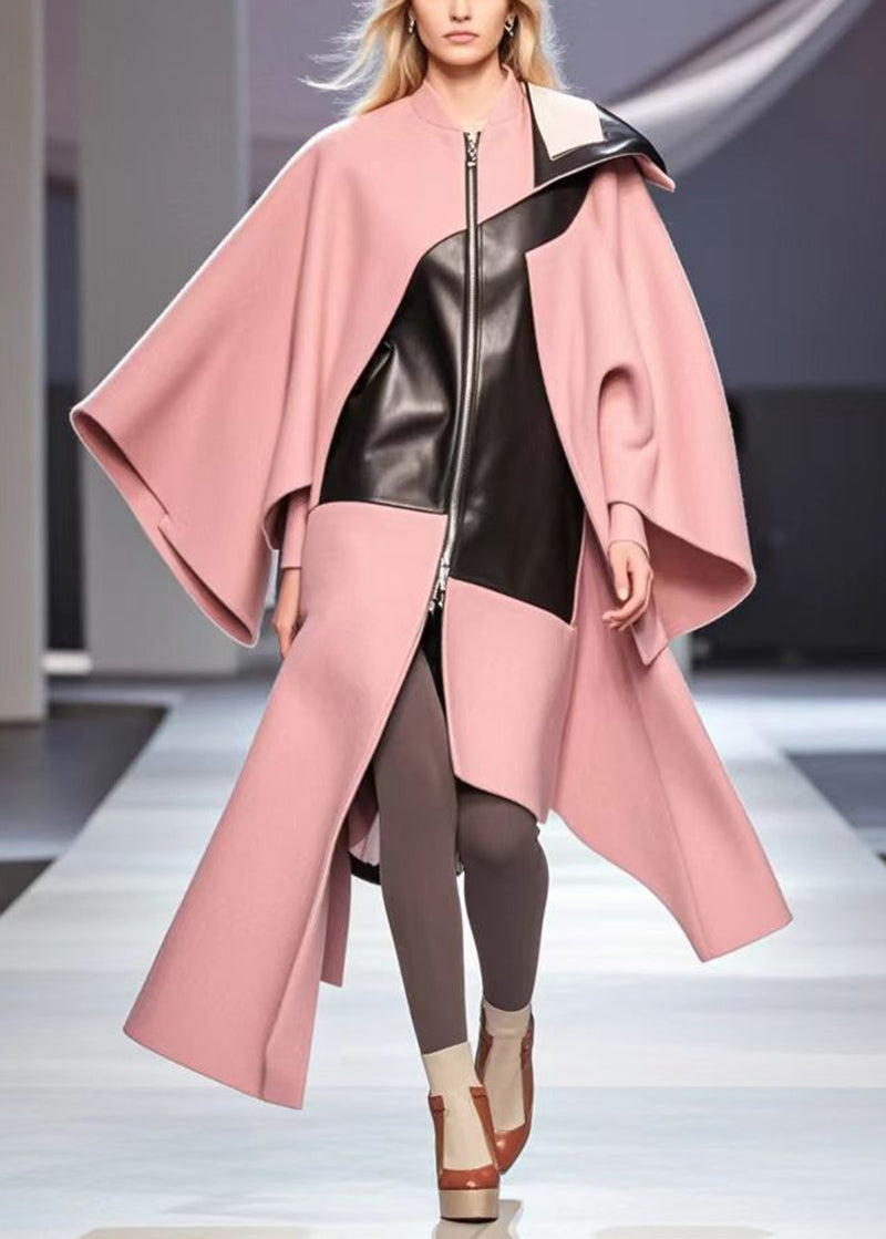 Pink Asymmetrical Patchwork Woolen Loose Coat Fall