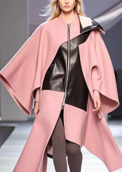 Pink Asymmetrical Patchwork Woolen Loose Coat Fall