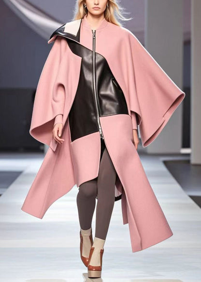 Pink Asymmetrical Patchwork Woolen Loose Coat Fall