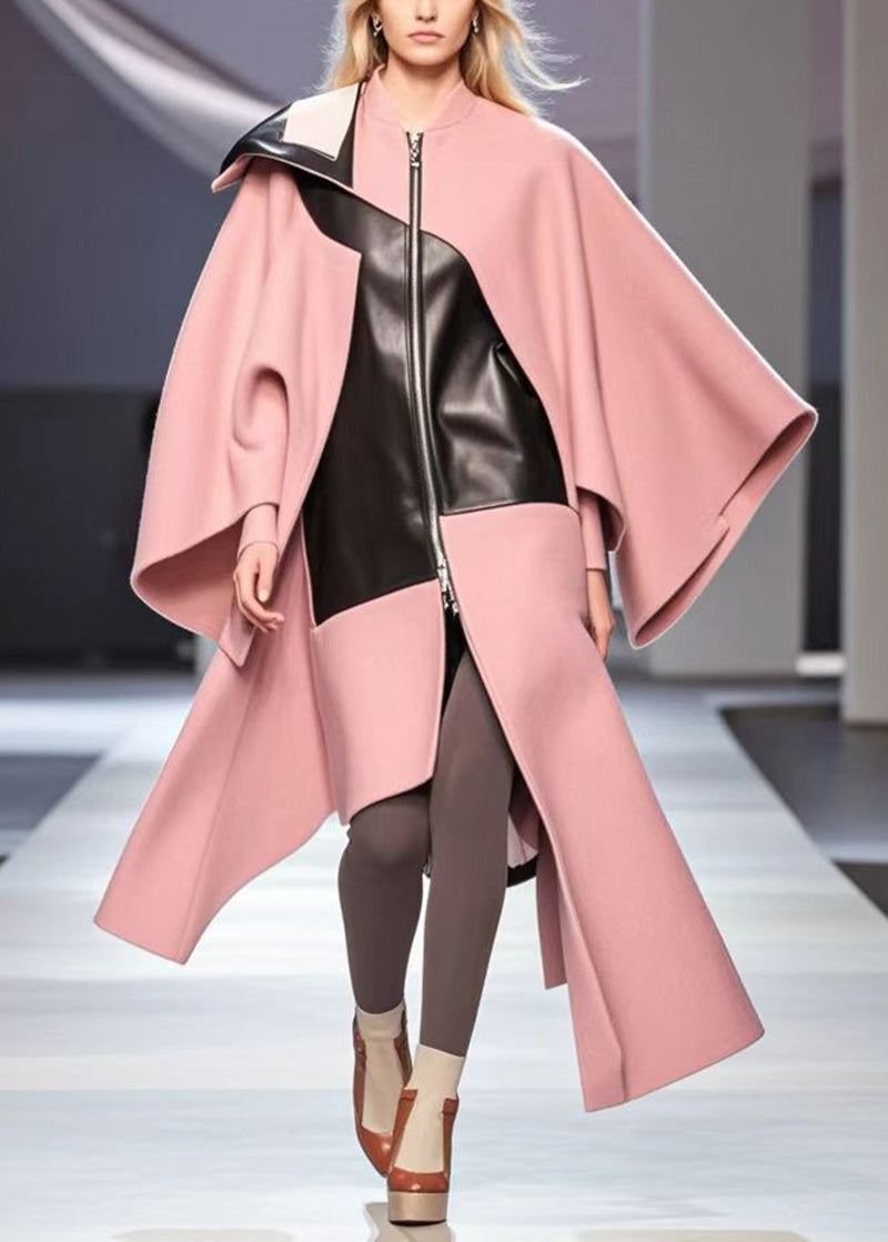 Pink Asymmetrical Patchwork Woolen Loose Coat Fall