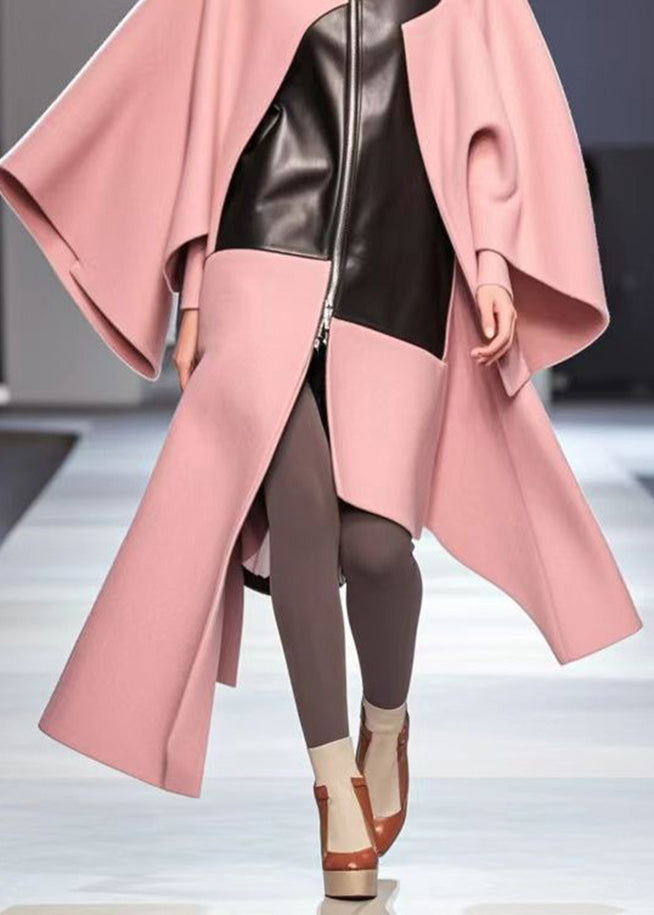 Pink Asymmetrical Patchwork Woolen Loose Coat Fall