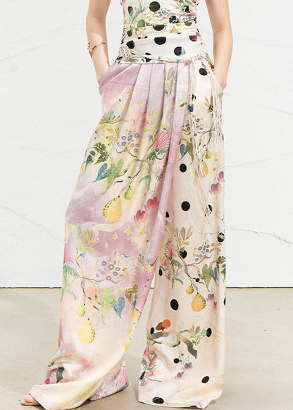 Pink Asymmetrical Print Silk Wide Leg Pants Summer