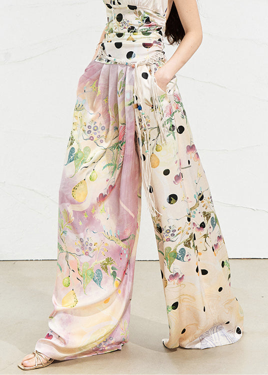 Pink Asymmetrical Print Silk Wide Leg Pants Summer