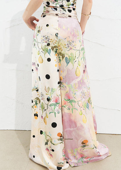 Pink Asymmetrical Print Silk Wide Leg Pants Summer