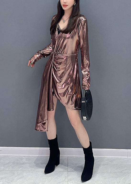 Pink Asymmetrical Wrinkled Cotton Dress Long Sleeve