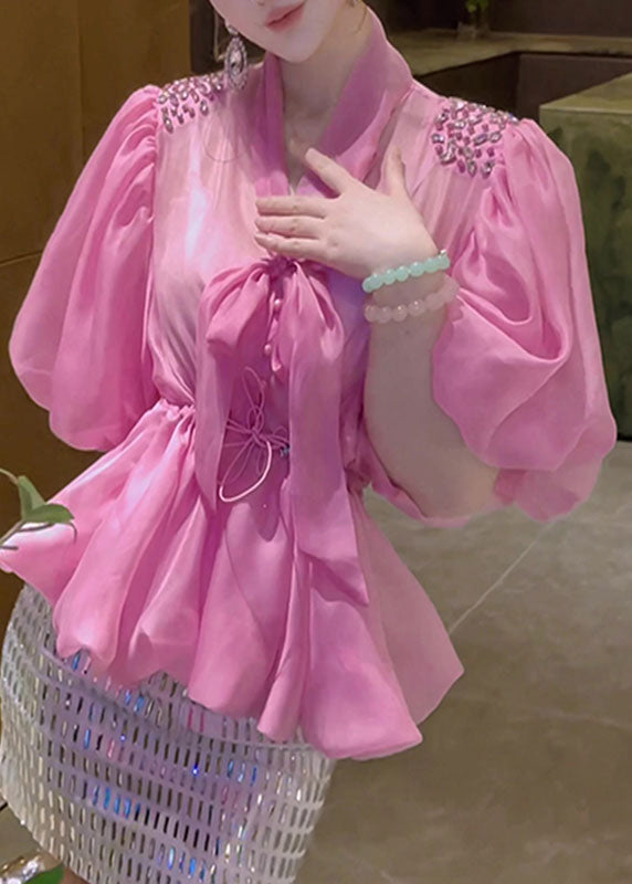 Pink Bow Drawstring Tulle Shirt Puff Sleeve