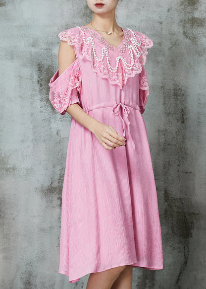 Pink Cold Shoulder Patchwork Chiffon Holiday Dress Summer