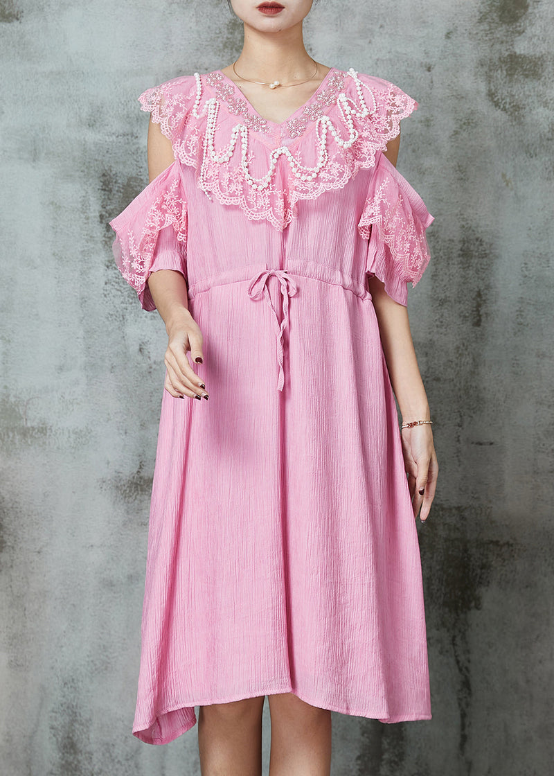 Pink Cold Shoulder Patchwork Chiffon Holiday Dress Summer