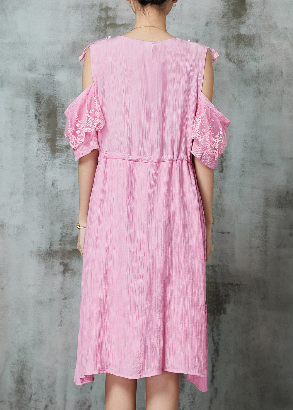 Pink Cold Shoulder Patchwork Chiffon Holiday Dress Summer