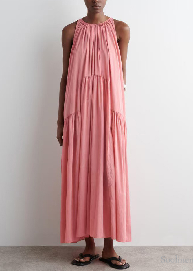 Pink Cold Shoulder Wrinkled Cotton Sundresses Summer
