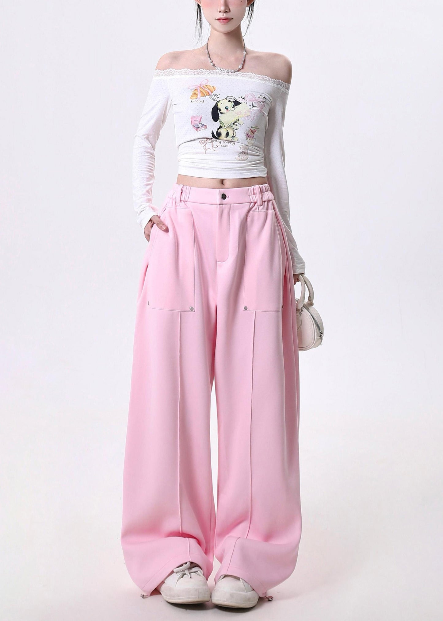 Pink Elastic Waist Cotton Straight Pants Spring
