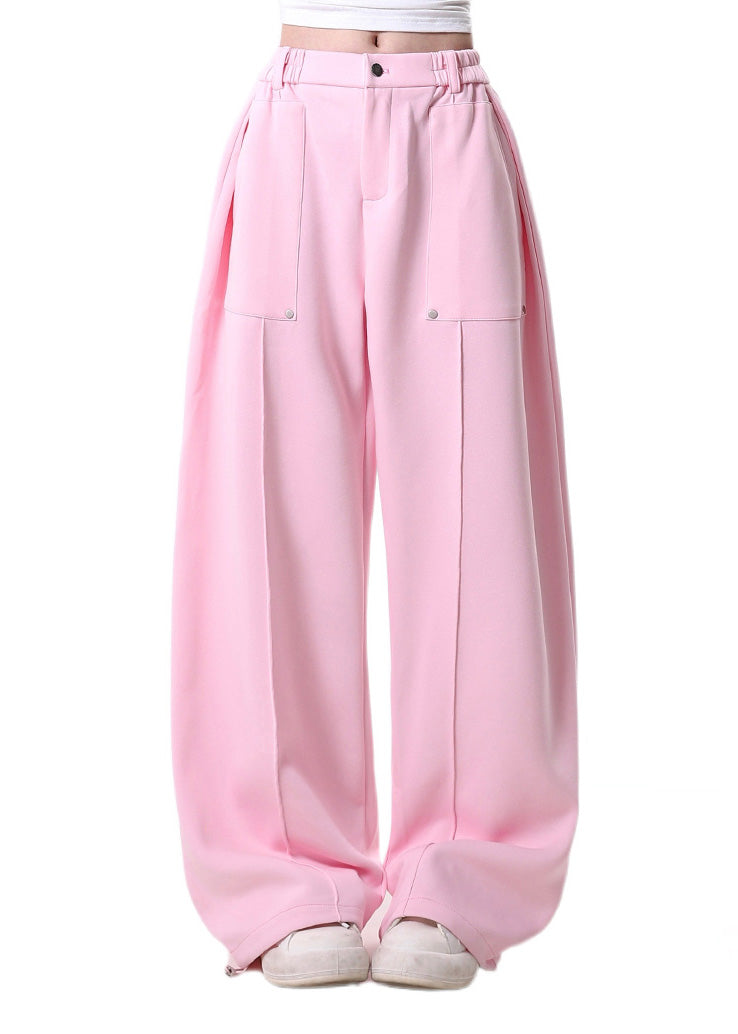 Pink Elastic Waist Cotton Straight Pants Spring
