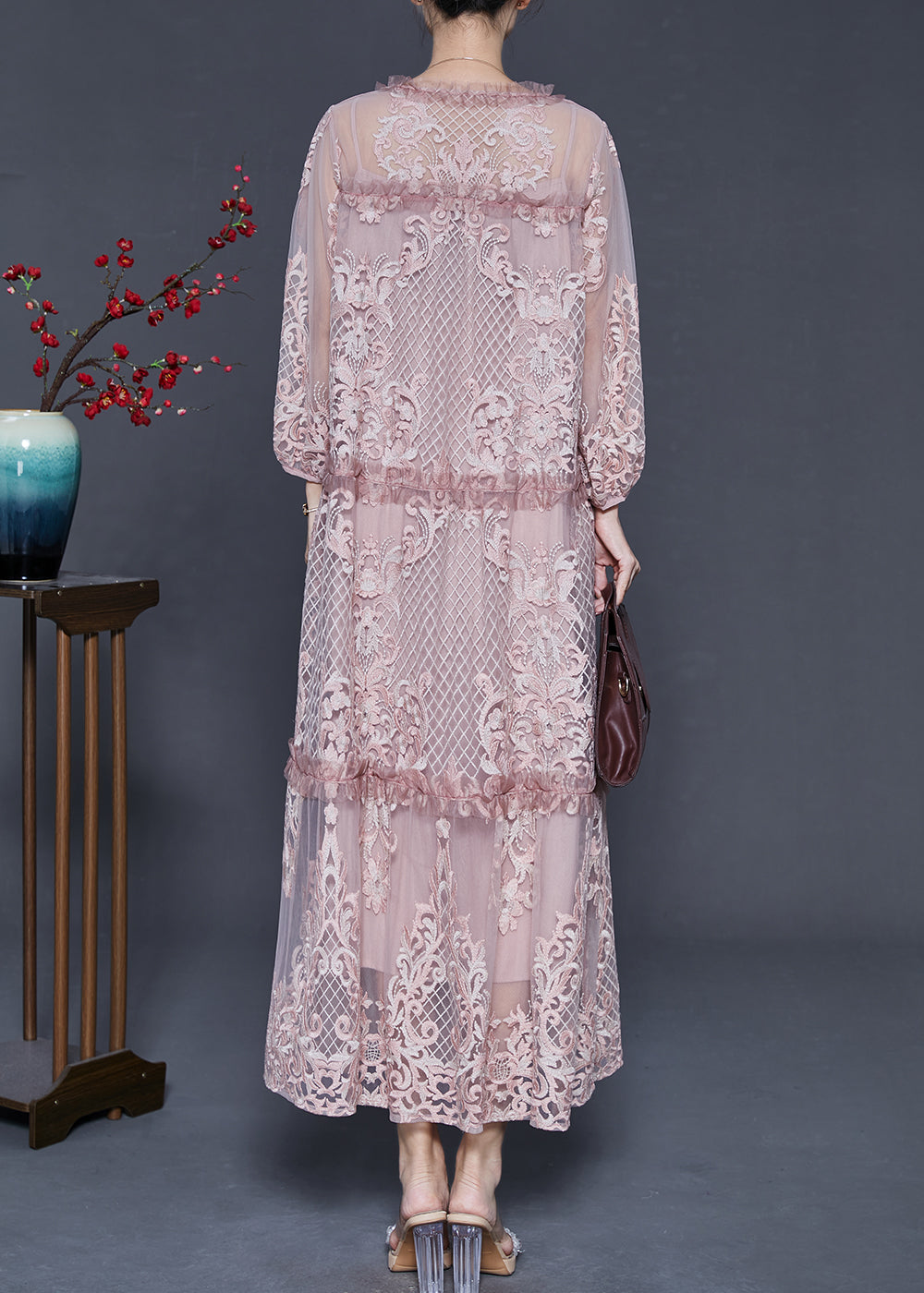 Pink Embroidered Patchwork Tulle Long Dresses Spring