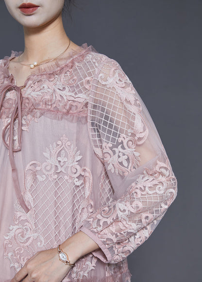 Pink Embroidered Patchwork Tulle Long Dresses Spring