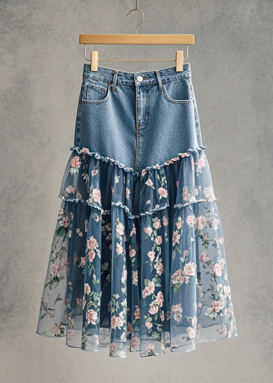 Pink Flower Print Patchwork Tulle Denim Skirt Fall