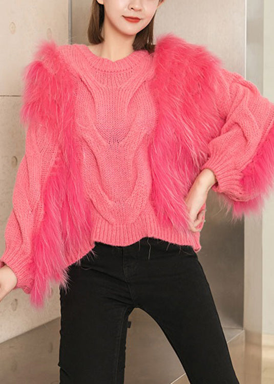 Pink Fluffy Thick Hollow Out Patchwork Knit Sweaters Fall