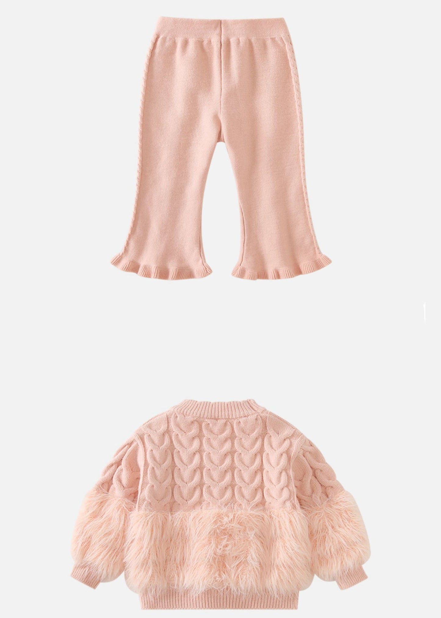 Pink Fuzzy Fur Fluffy Patchwork Cotton Knit Kids Sweaters and Pants Two Pieces Set Winter