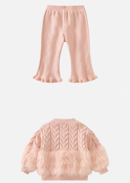 Pink Fuzzy Fur Fluffy Patchwork Cotton Knit Kids Sweaters and Pants Two Pieces Set Winter