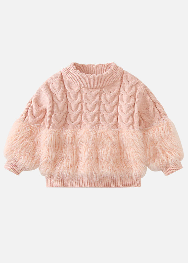 Pink Fuzzy Fur Fluffy Patchwork Cotton Knit Kids Sweaters and Pants Two Pieces Set Winter