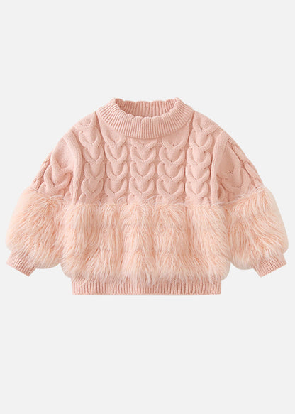 Pink Fuzzy Fur Fluffy Patchwork Cotton Knit Kids Sweaters and Pants Two Pieces Set Winter