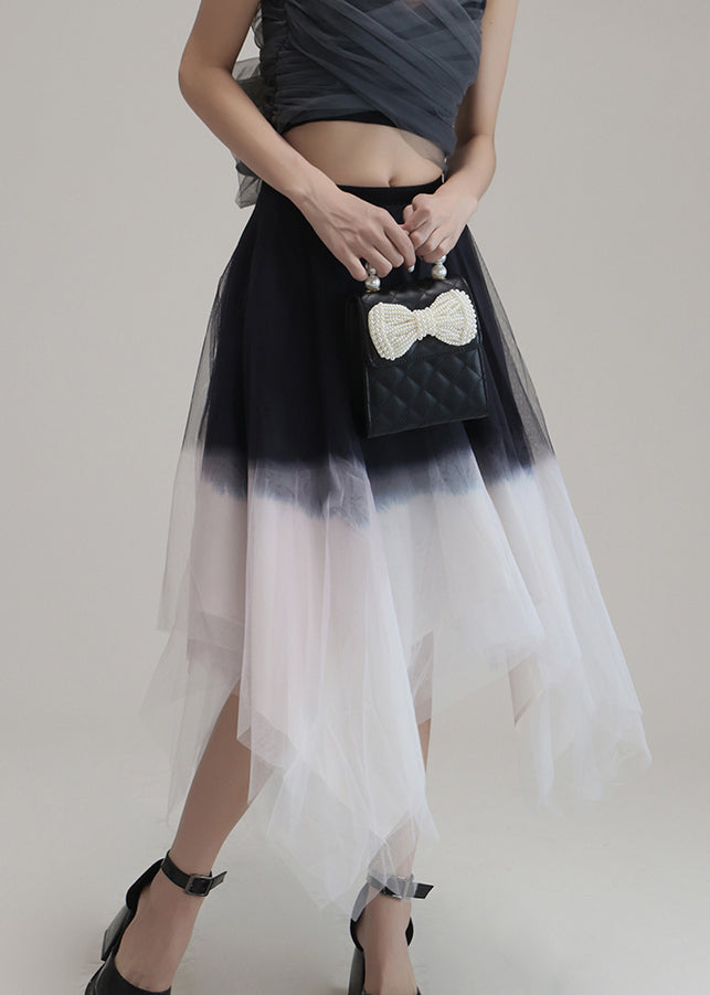Pink Gradient Color Asymmetrical High Waist Tulle Skirt Summer