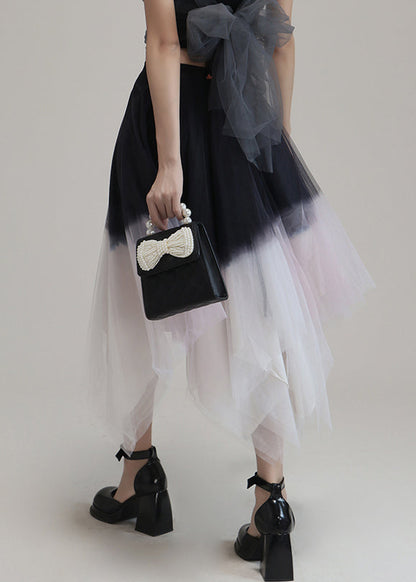 Pink Gradient Color Asymmetrical High Waist Tulle Skirt Summer