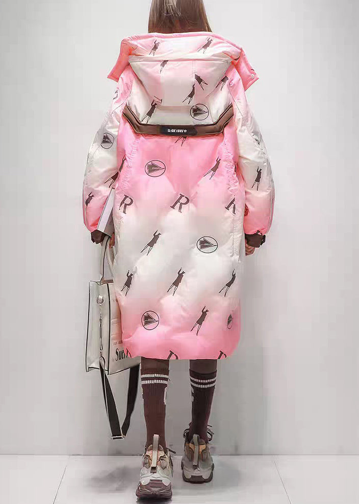 Pink Gradient Color Hooded Zippered Duck Down Long Coats Winter
