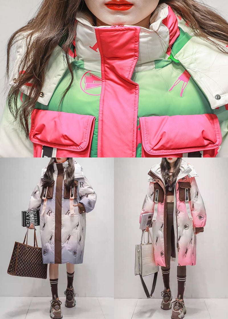 Pink Gradient Color Hooded Zippered Duck Down Long Coats Winter