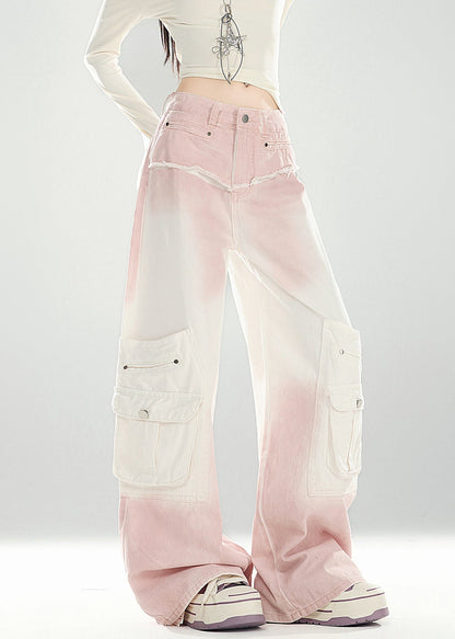 Pink Gradient Color Pockets High Waist Denim Pants Spring