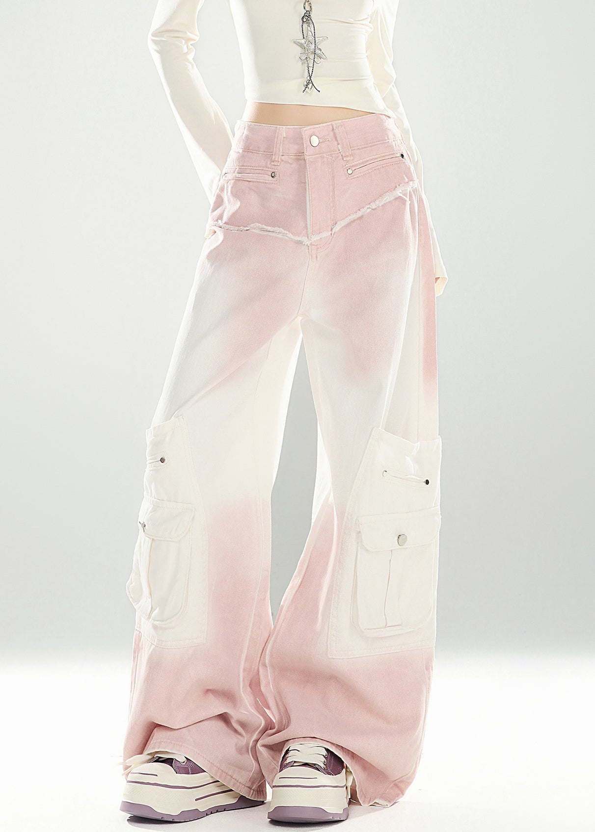 Pink Gradient Color Pockets High Waist Denim Pants Spring
