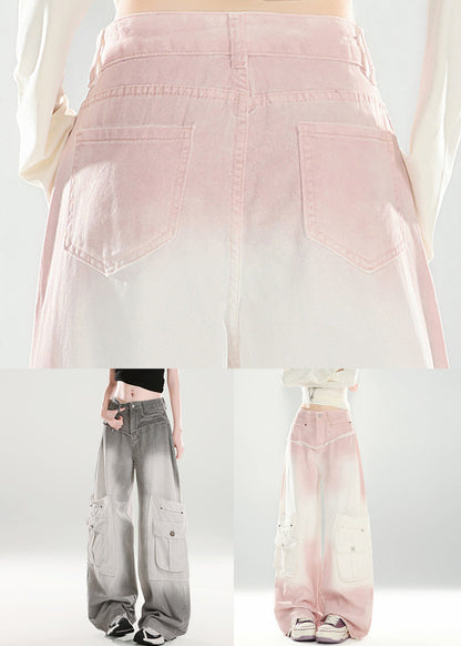 Pink Gradient Color Pockets High Waist Denim Pants Spring