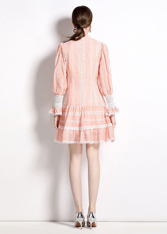 Pink Hollow Out Embroideried Patchwork Chiffon Mid Dress Puff Sleeve