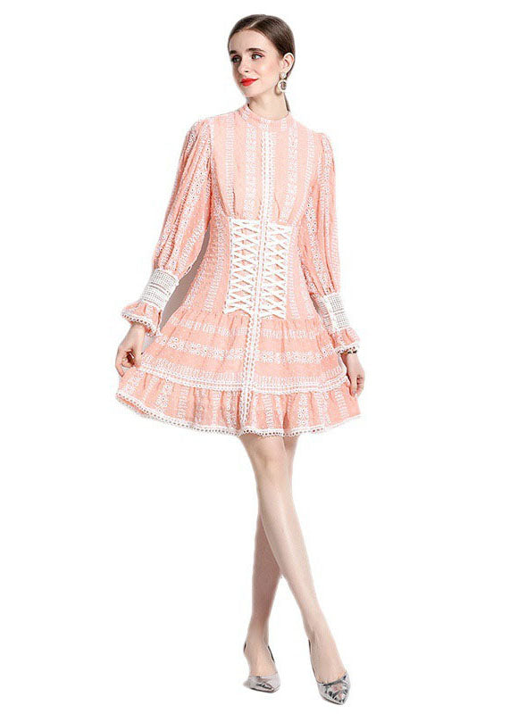 Pink Hollow Out Embroideried Patchwork Chiffon Mid Dress Puff Sleeve