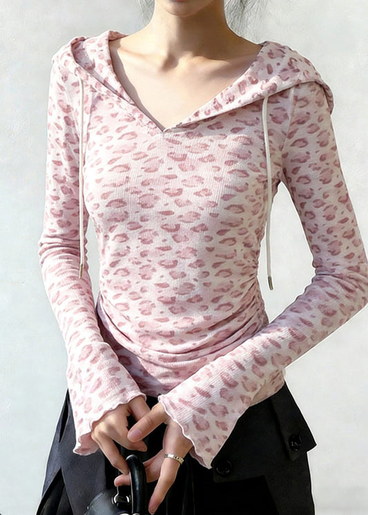 Chic Pink Hooded Leopard Print Cotton Sweatshirt Tops Spring