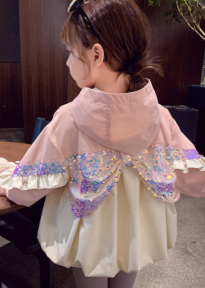 Pink Hooded Sequins Ruffled Cotton Coat Fall