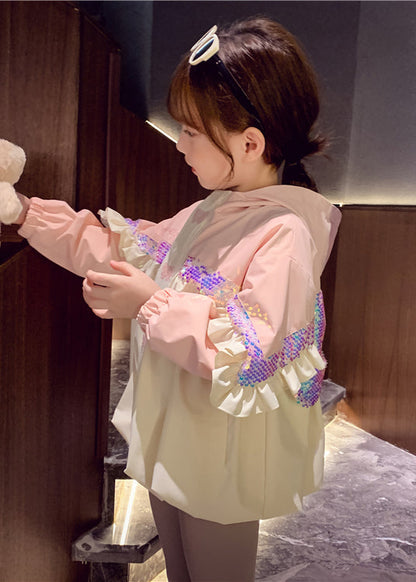 Pink Hooded Sequins Ruffled Cotton Coat Fall