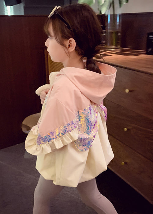 Pink Hooded Sequins Ruffled Cotton Coat Fall